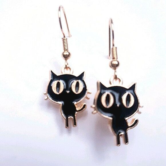 Cat Earrings Small Dangling Kitty Gold-tone Stainless Steel Hook Earrings - Picture 2 of 7